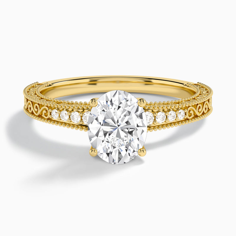 Oval Luxe Engraved Lab Diamond Engagement Ring In 14K Yellow Gold - Lucenjuri