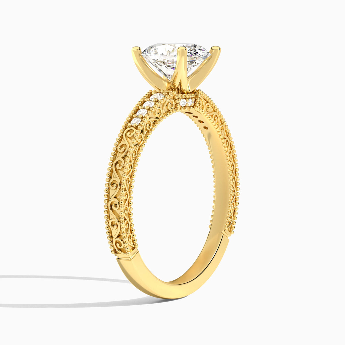 Oval Luxe Engraved Lab Diamond Engagement Ring In 18K Yellow Gold, Angle View
