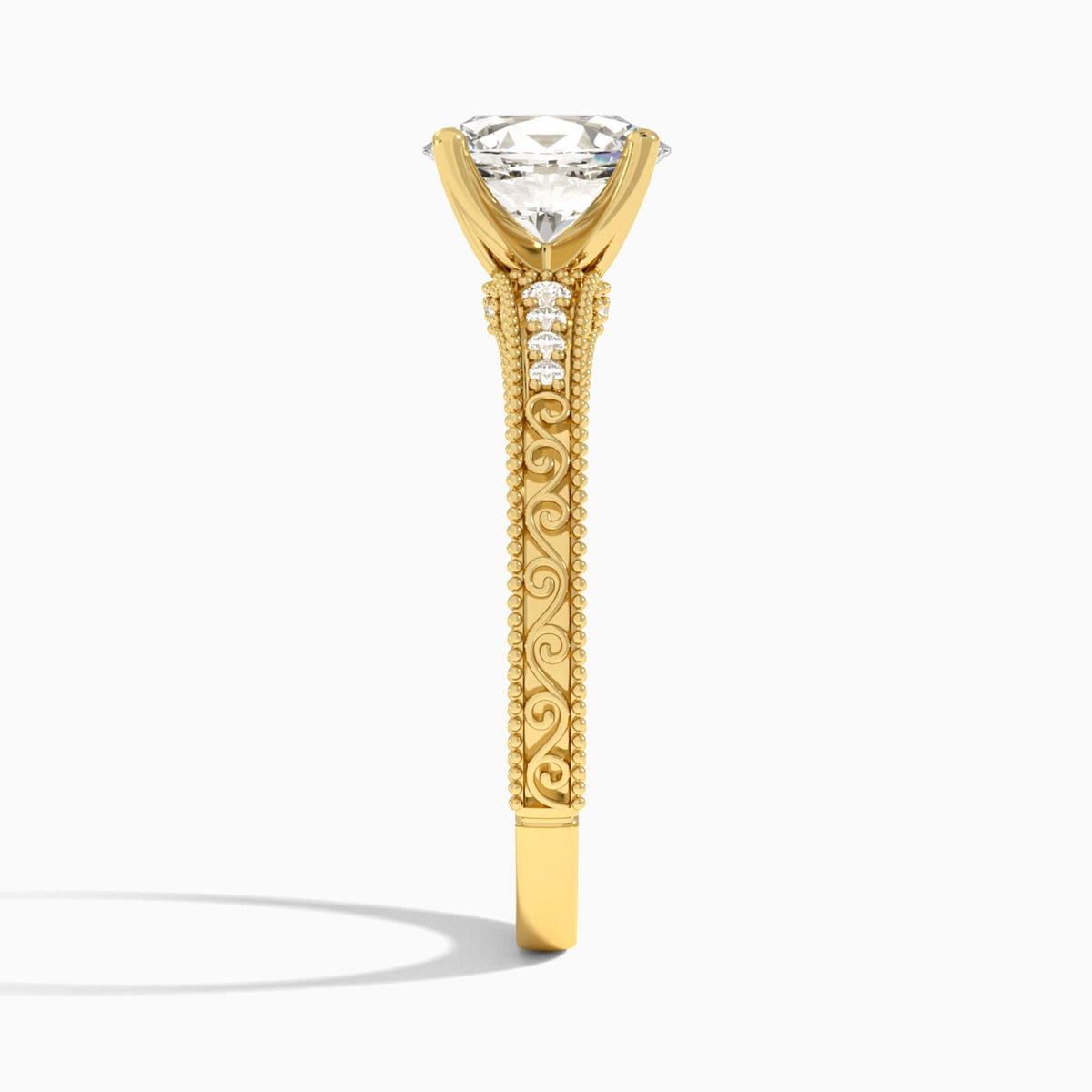 Oval Luxe Engraved Lab Diamond Engagement Ring In 18K Yellow Gold, Side View