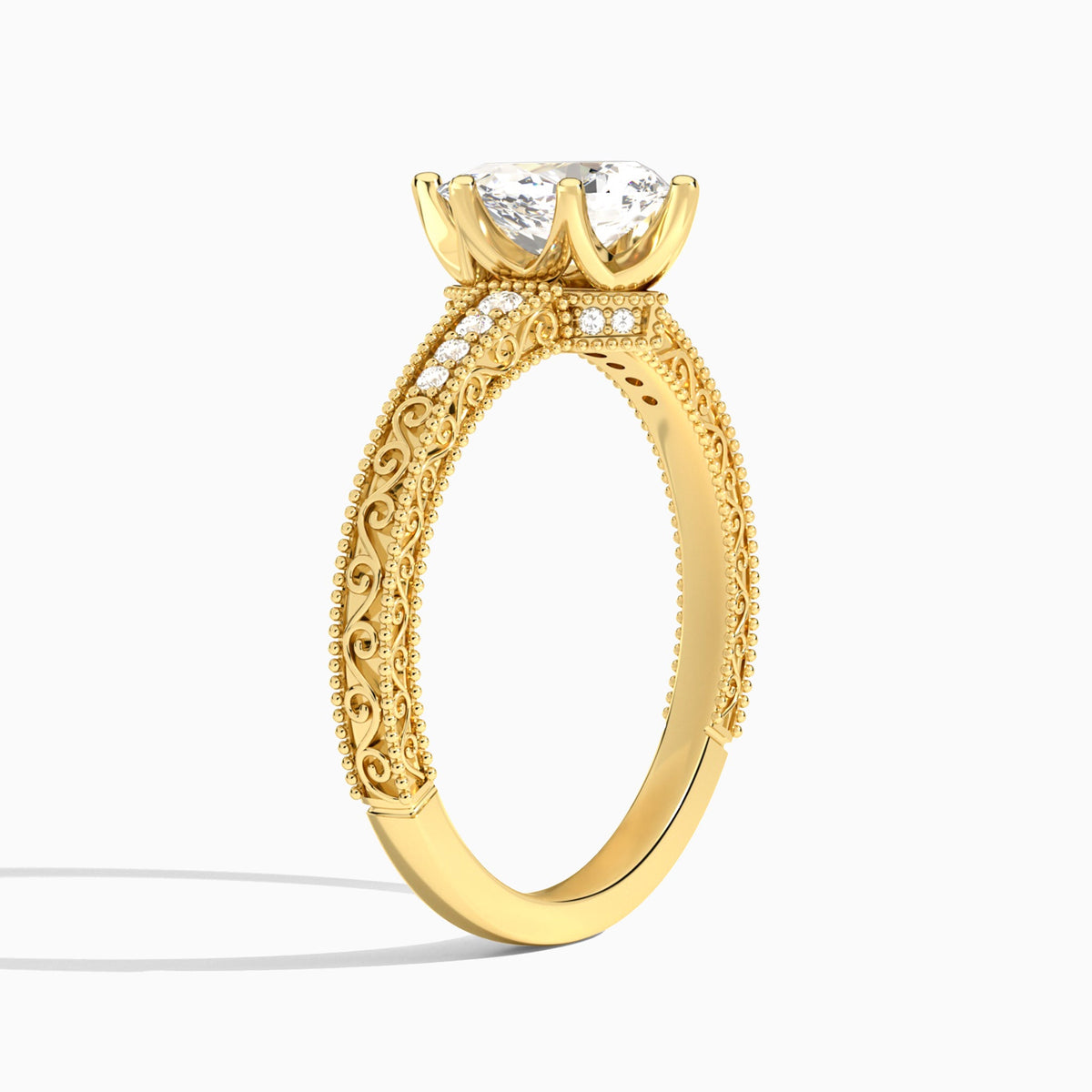 Pear Luxe Engraved Lab Diamond Engagement Ring In 18K Yellow Gold, Angle View
