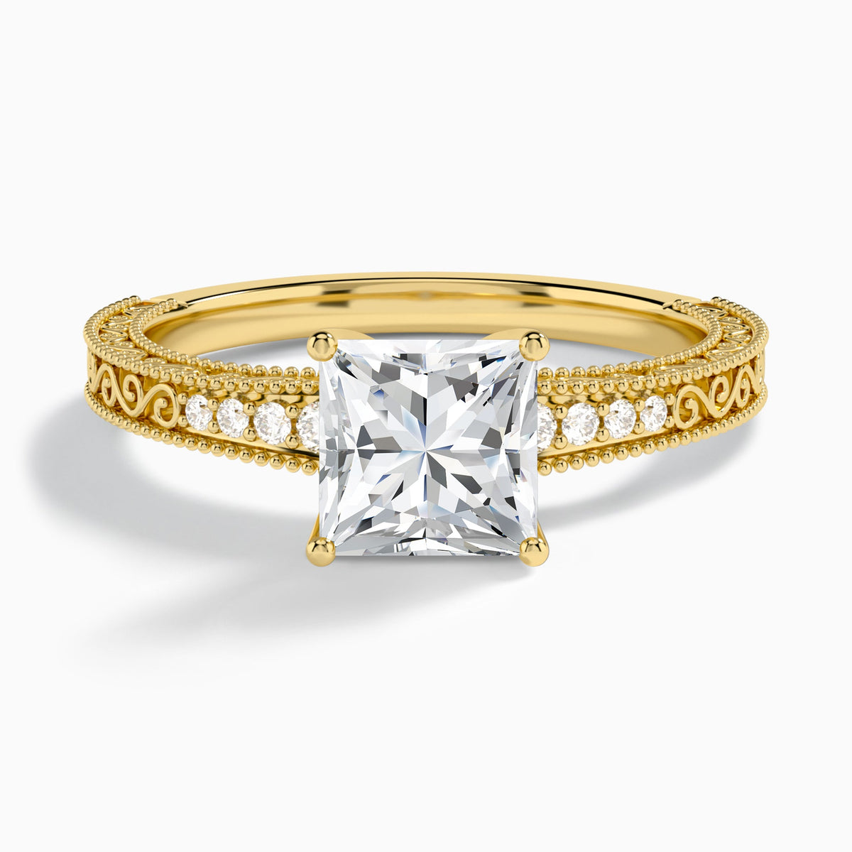 Princess Luxe Engraved Lab Diamond Engagement Ring In 18K Yellow Gold - Lucenjuri