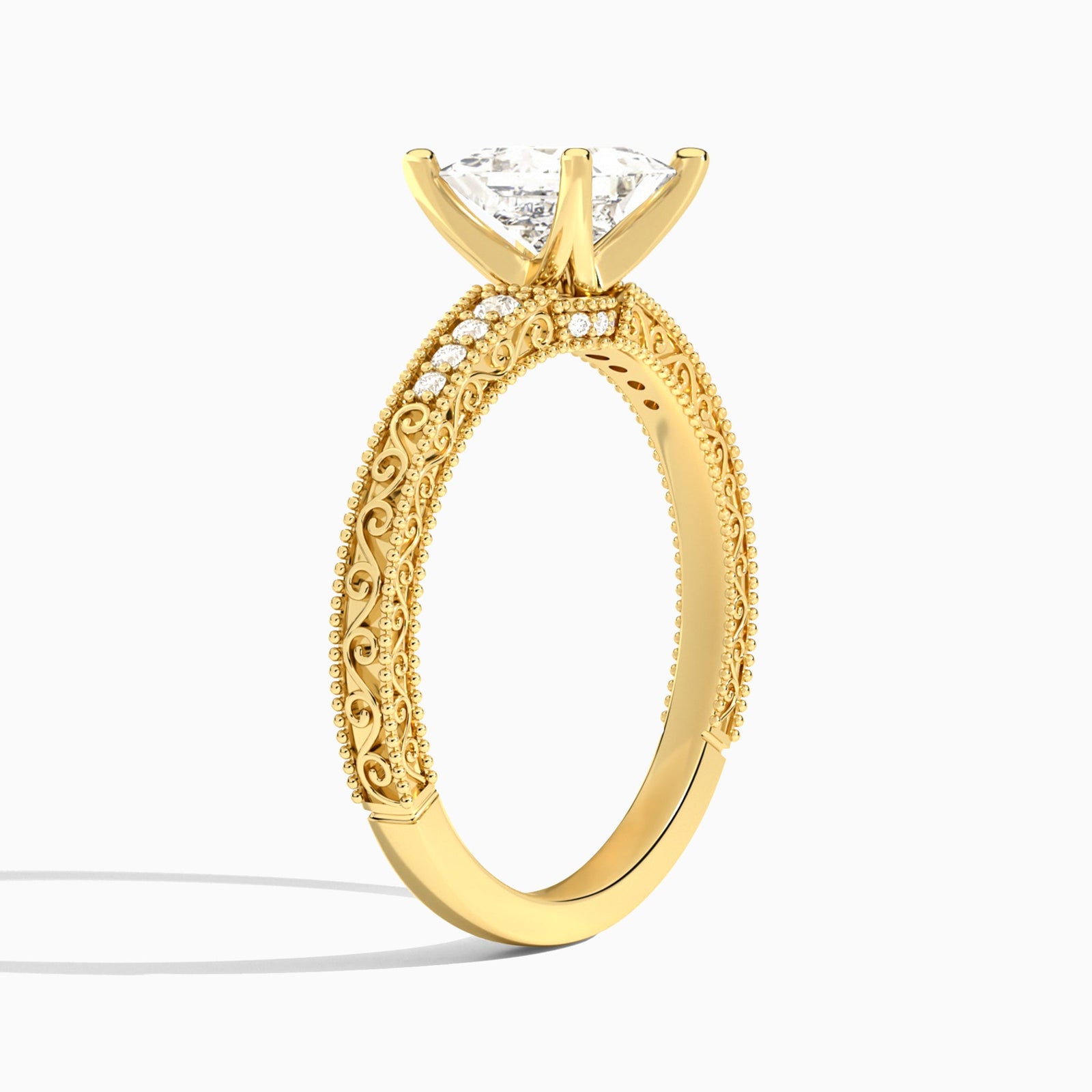 Princess Luxe Engraved Lab Diamond Engagement Ring In 14K Yellow Gold, Angle View