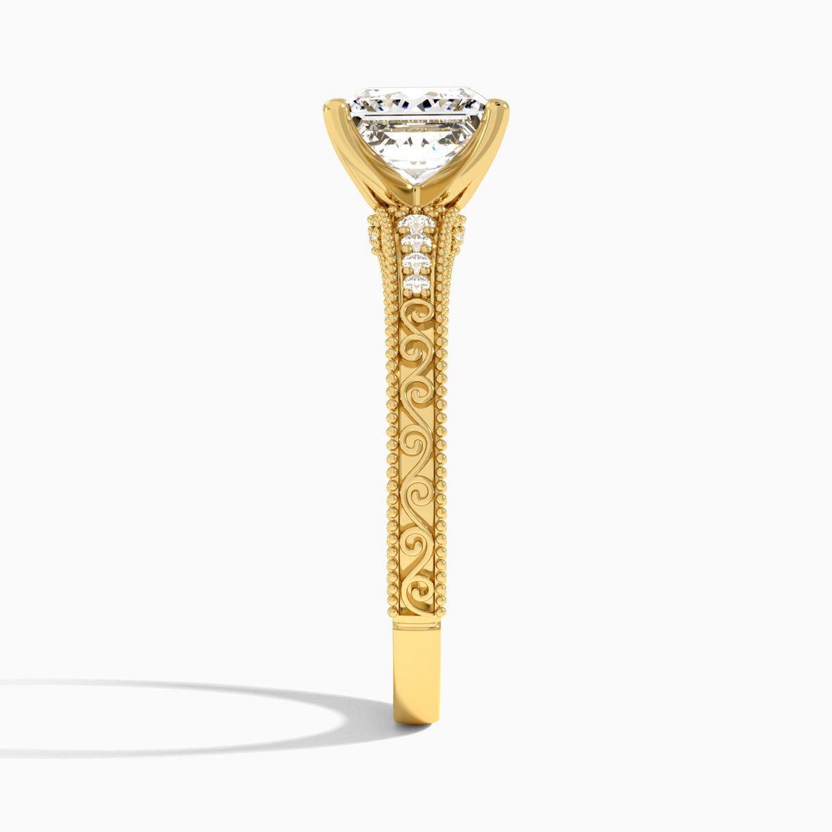Princess Luxe Engraved Lab Diamond Engagement Ring In 18K Yellow Gold, Side View