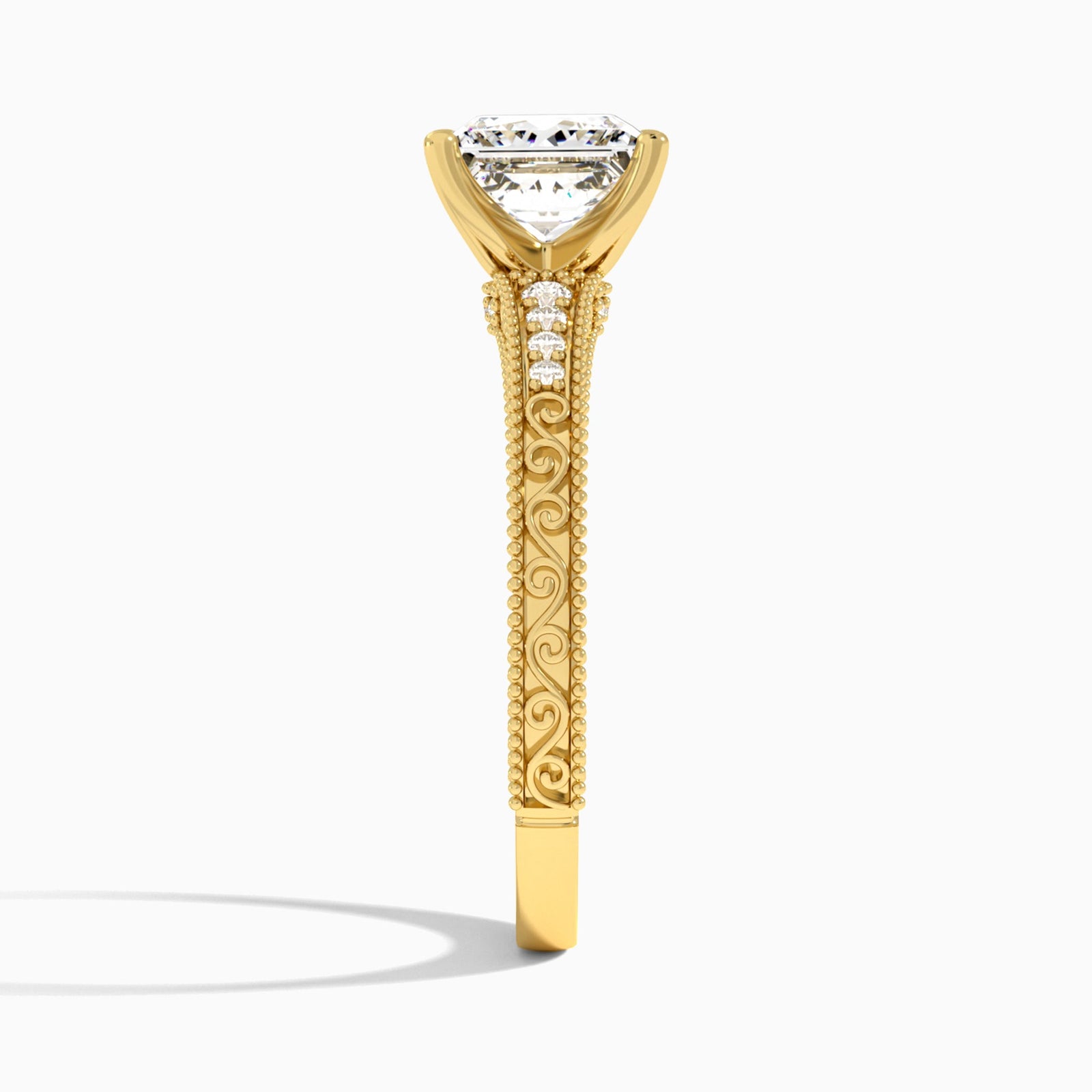Princess Luxe Engraved Lab Diamond Engagement Ring In 14K Yellow Gold, Side View