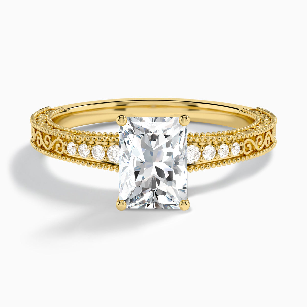 Radiant Luxe Engraved Lab Diamond Engagement Ring In 18K Yellow Gold - Lucenjuri