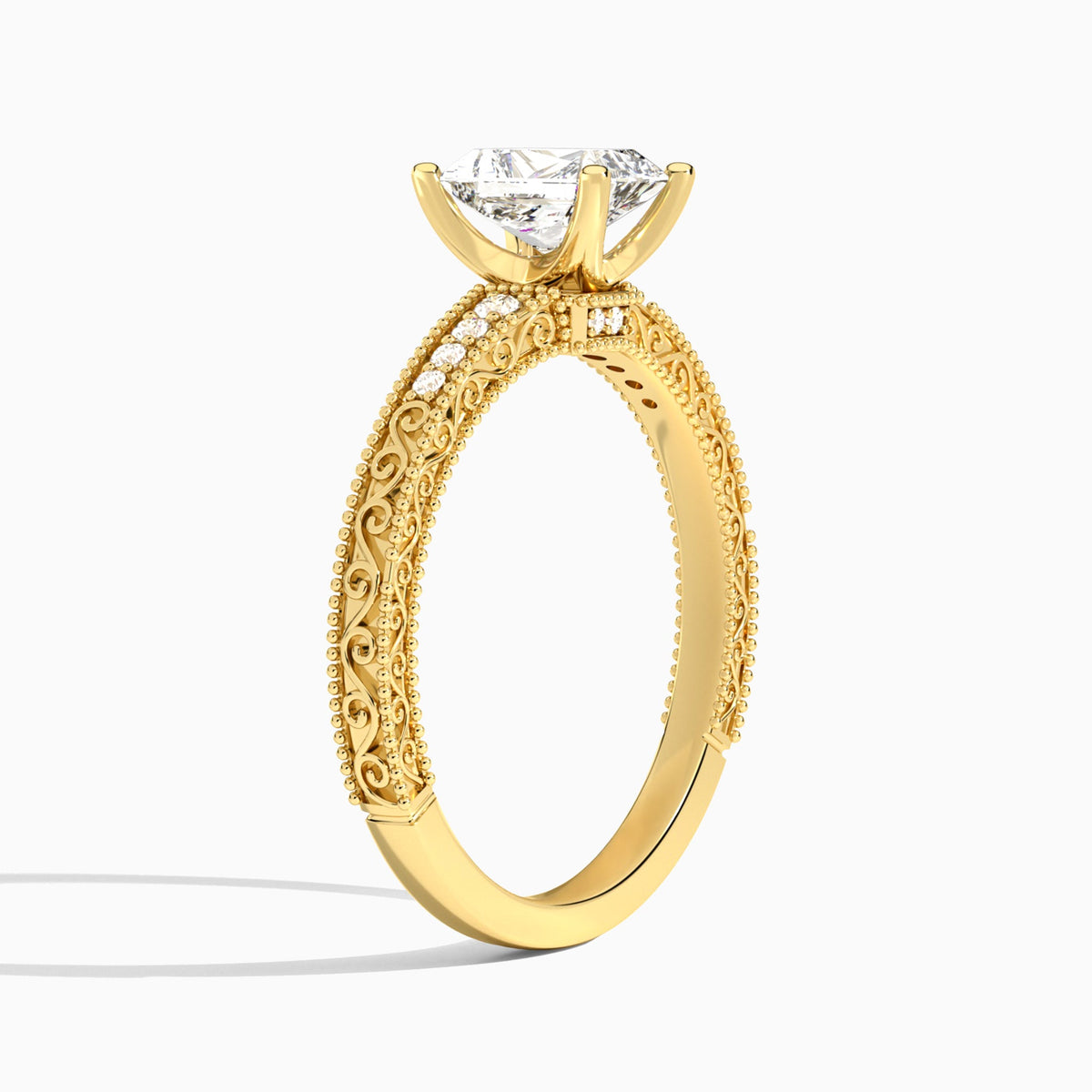 Radiant Luxe Engraved Lab Diamond Engagement Ring In 18K Yellow Gold, Angle View