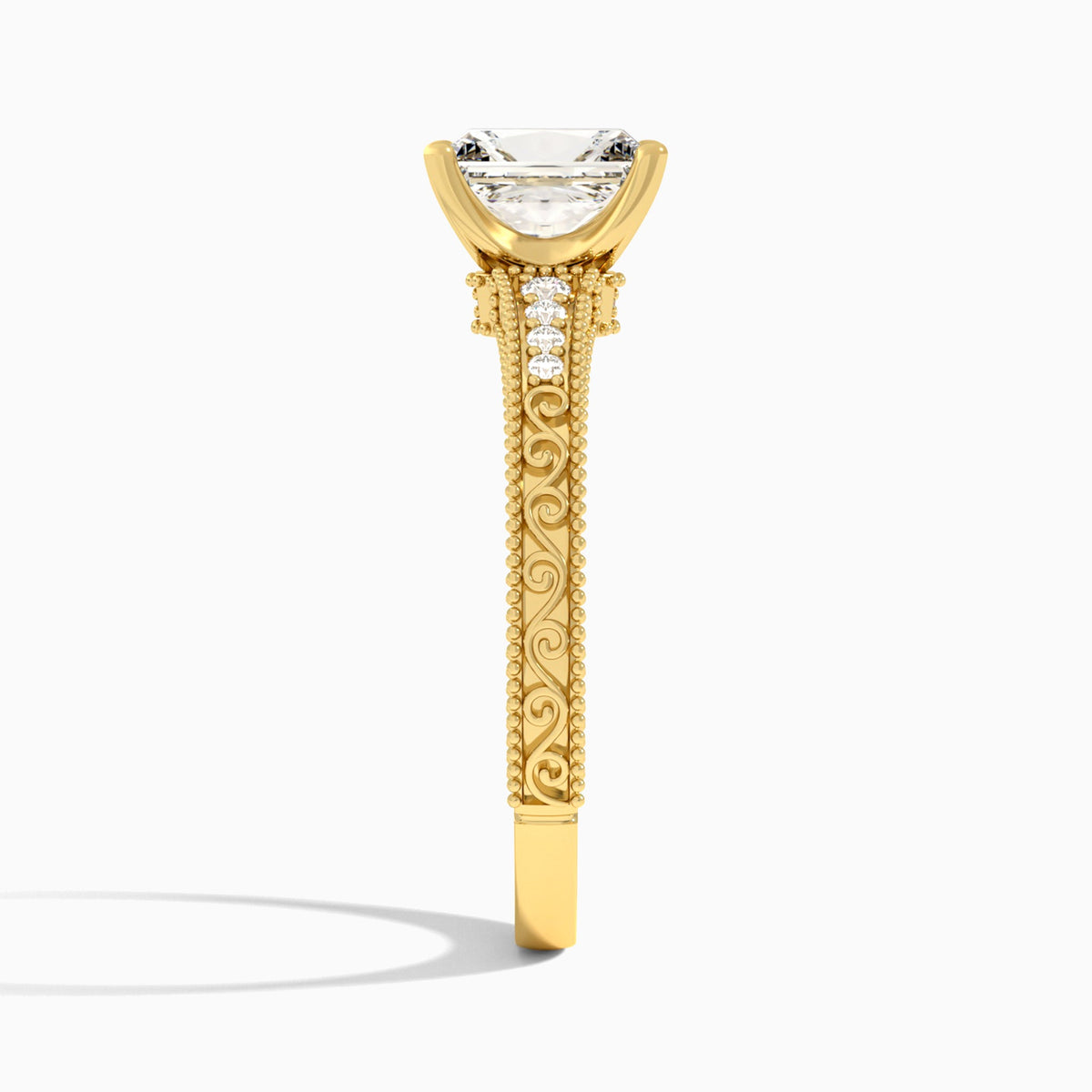 Radiant Luxe Engraved Lab Diamond Engagement Ring In 14K Yellow Gold, Side View