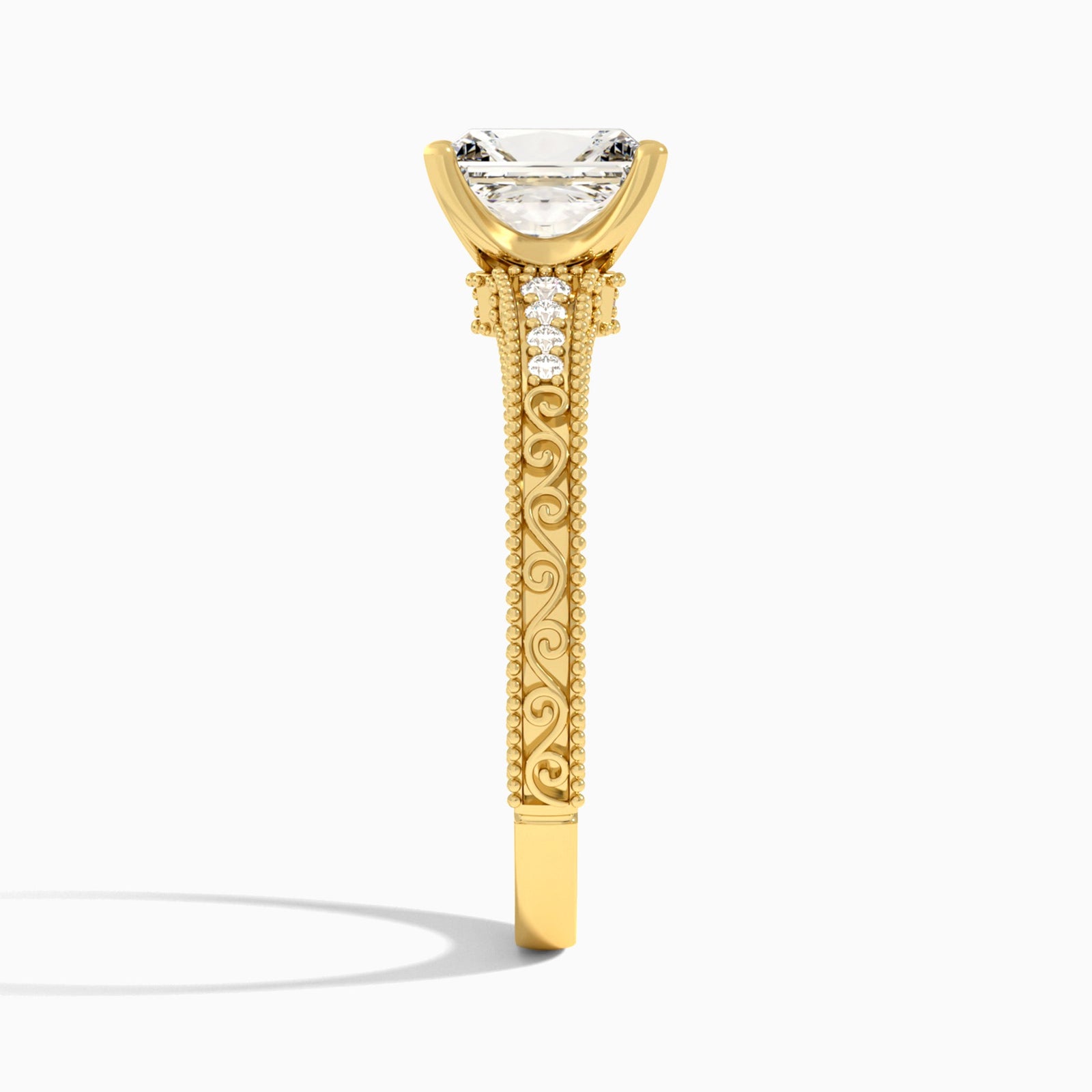 Radiant Luxe Engraved Lab Diamond Engagement Ring In 14K Yellow Gold, Side View