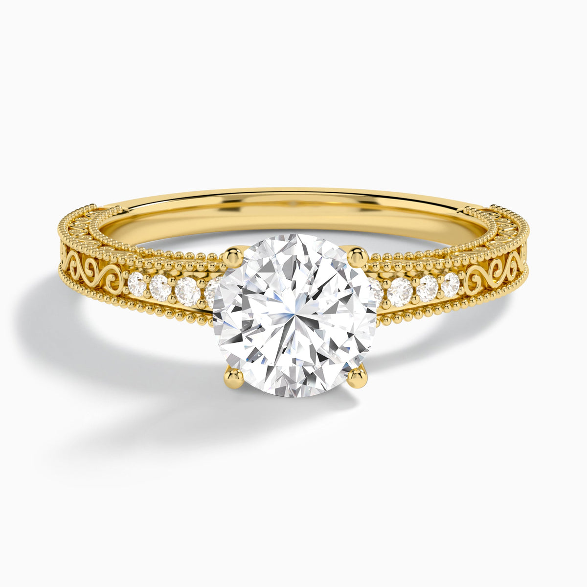 Round Luxe Engraved Lab Diamond Engagement Ring In 18K Yellow Gold - Lucenjuri