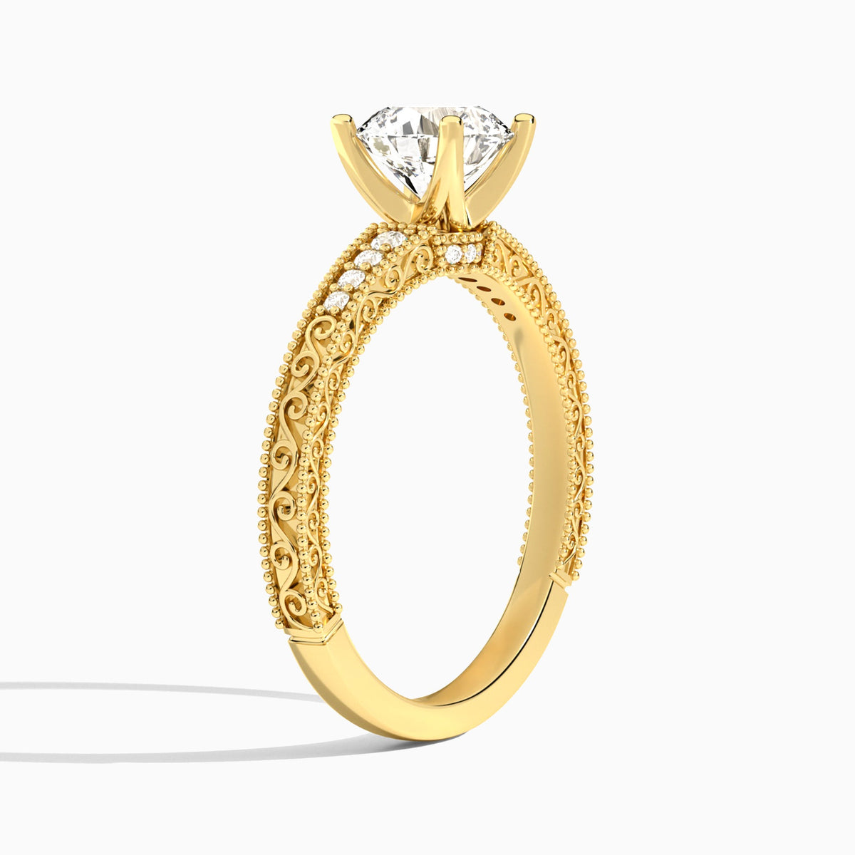 Round Luxe Engraved Lab Diamond Engagement Ring In 18K Yellow Gold, Angle View