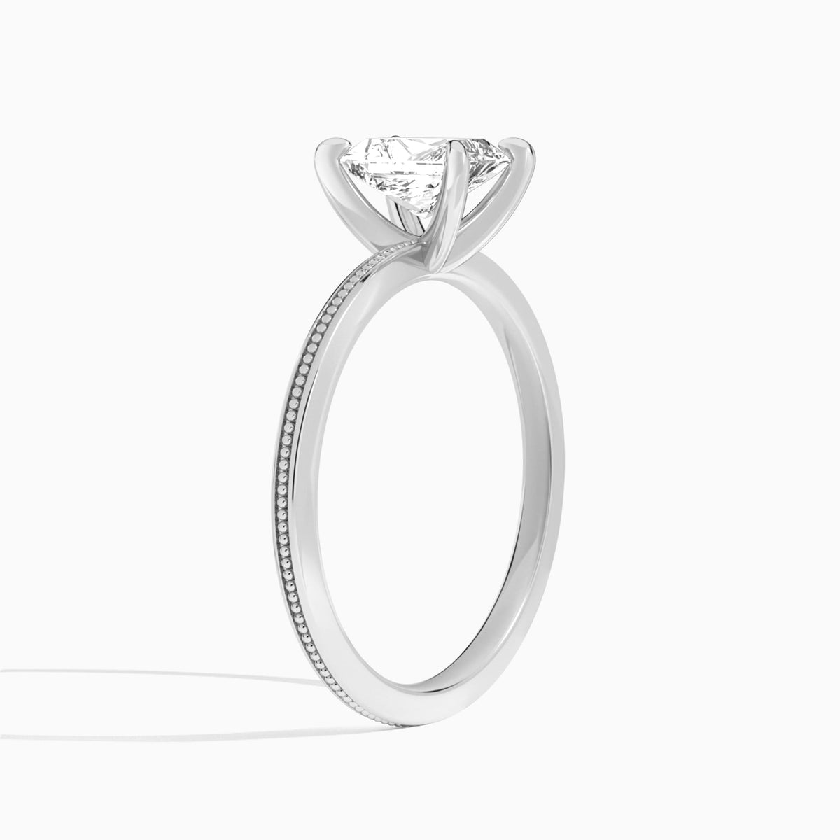 Radiant Amia Milgrain Lab Diamond Engagement Ring In 18K White Gold, Angle View