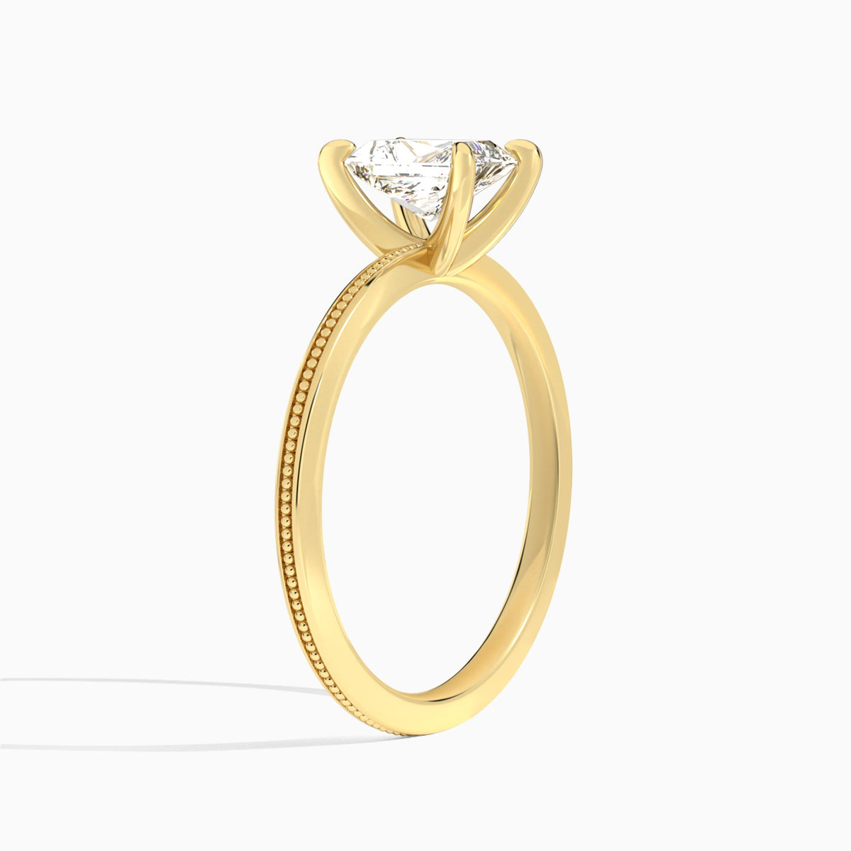 Radiant Amia Milgrain Lab Diamond Engagement Ring In 18K Yellow Gold, Angle View