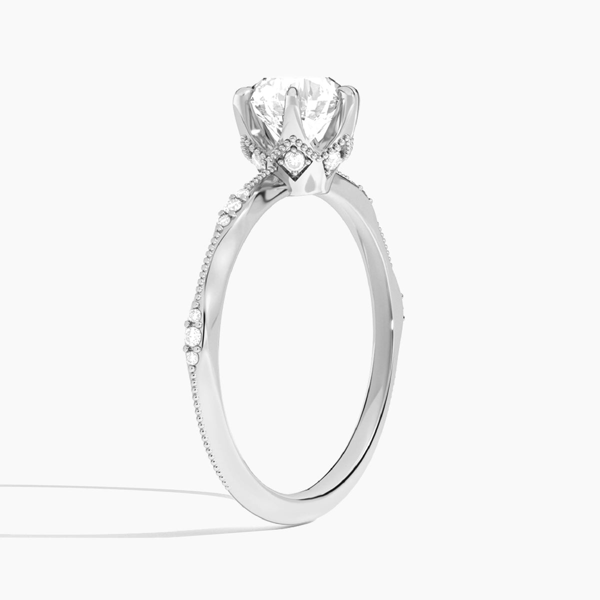 Round Aurora Lab Grown Diamond Engagement Ring In 18K White Gold, Angle View