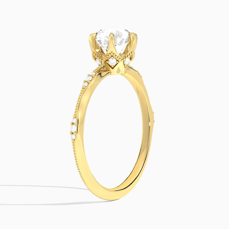 Round Aurora Lab Grown Diamond Engagement Ring In 18K Yellow Gold, Angle View