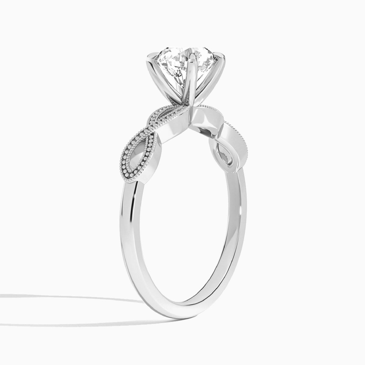 Round Infinito Lab Grown Diamond Engagement Ring In 18K White Gold, Angle View