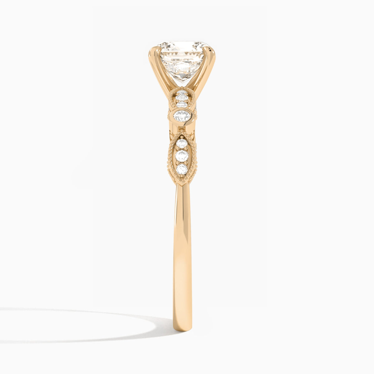 Cushion Infinito Bezel And Pavé Set Engagement Ring In 14K Rose Gold, Side View