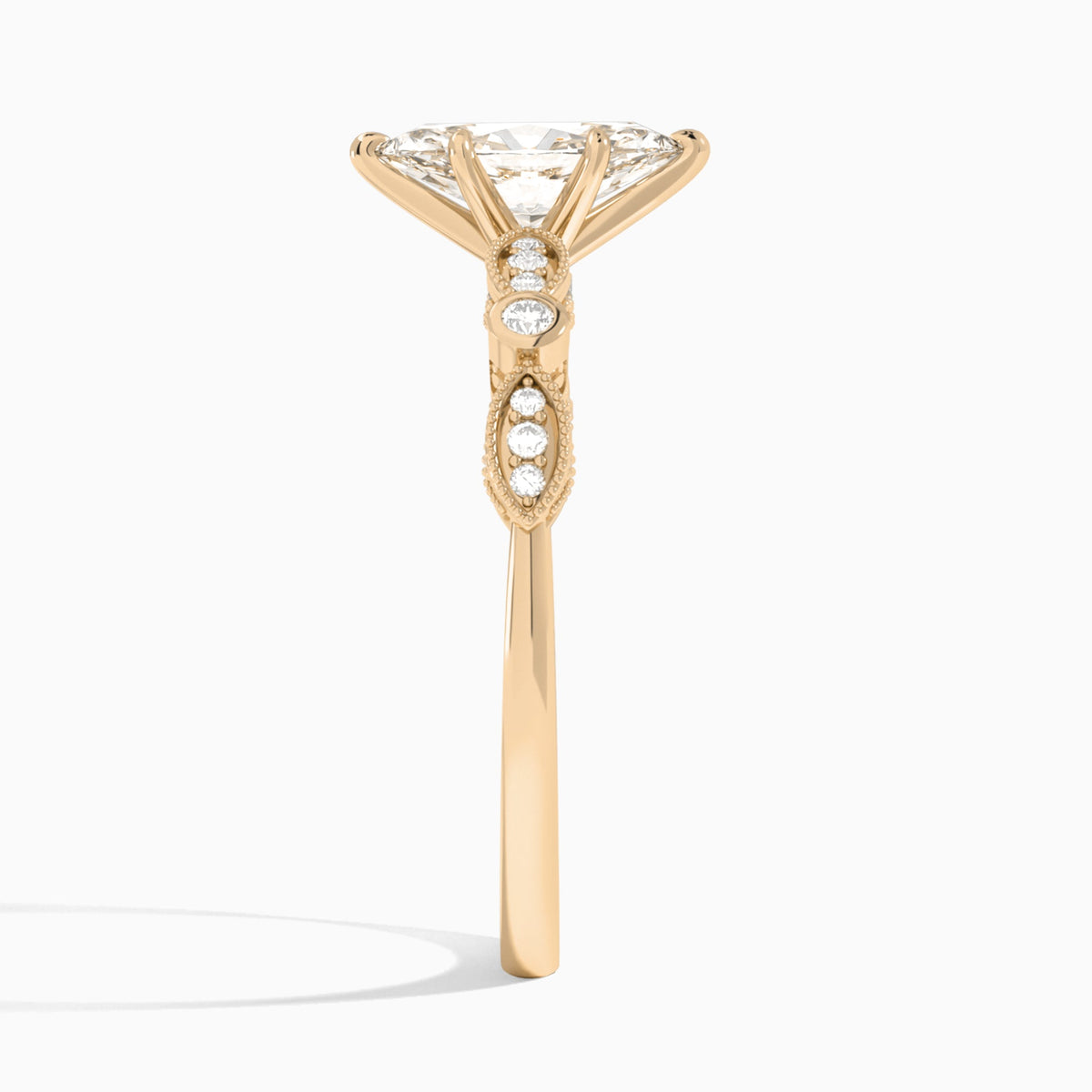 Marquise Infinito Bezel And Pavé Set Engagement Ring In 14K Rose Gold, Side View