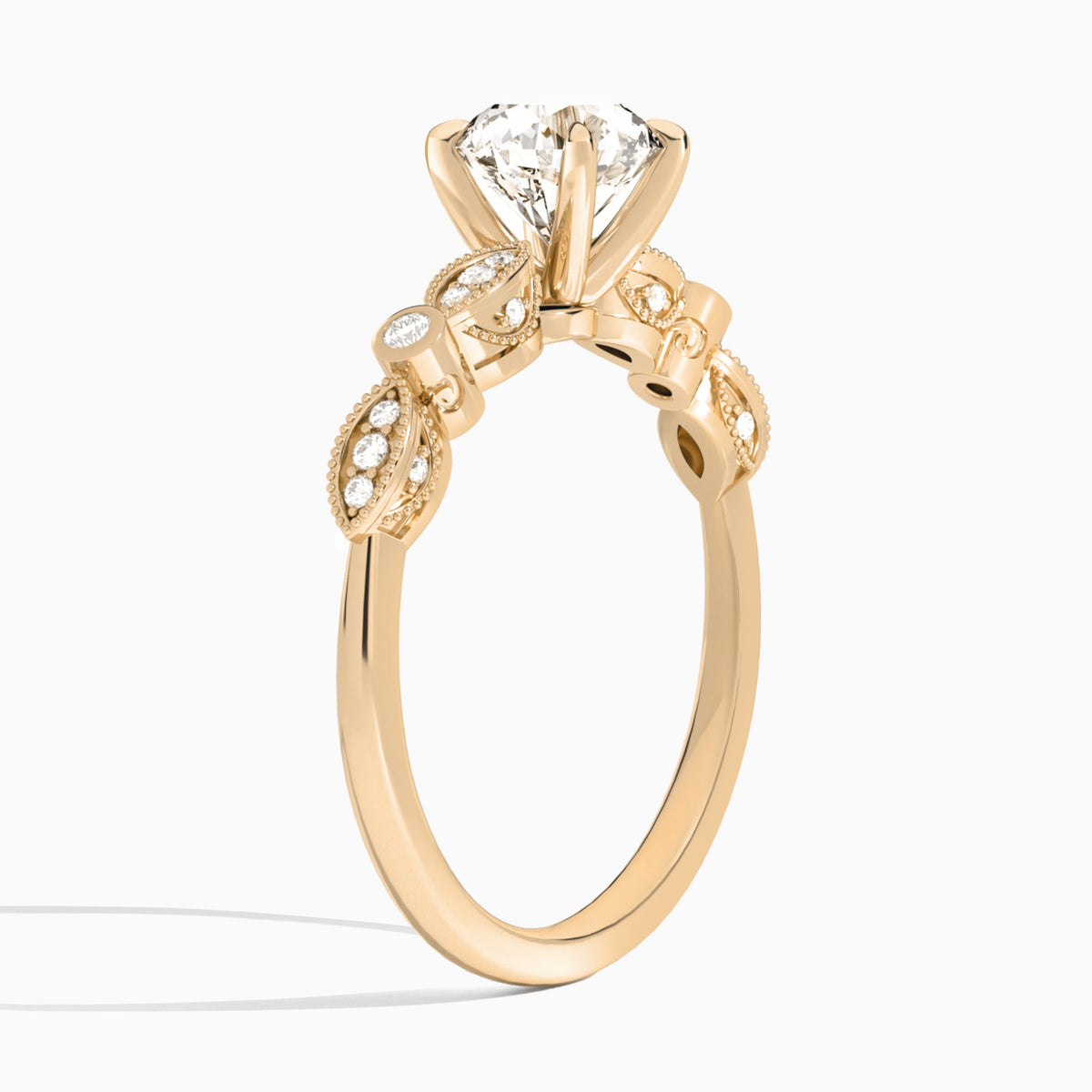 Round Infinito Bezel And Pavé Set Engagement Ring In 14K Rose Gold, Angle View