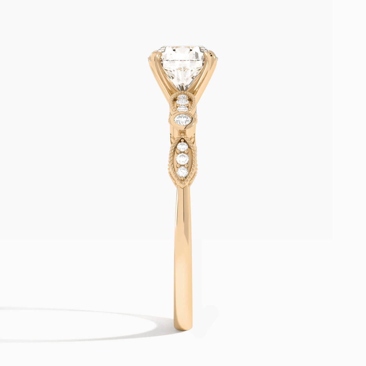 Round Infinito Bezel And Pavé Set Engagement Ring In 14K Rose Gold, Side View