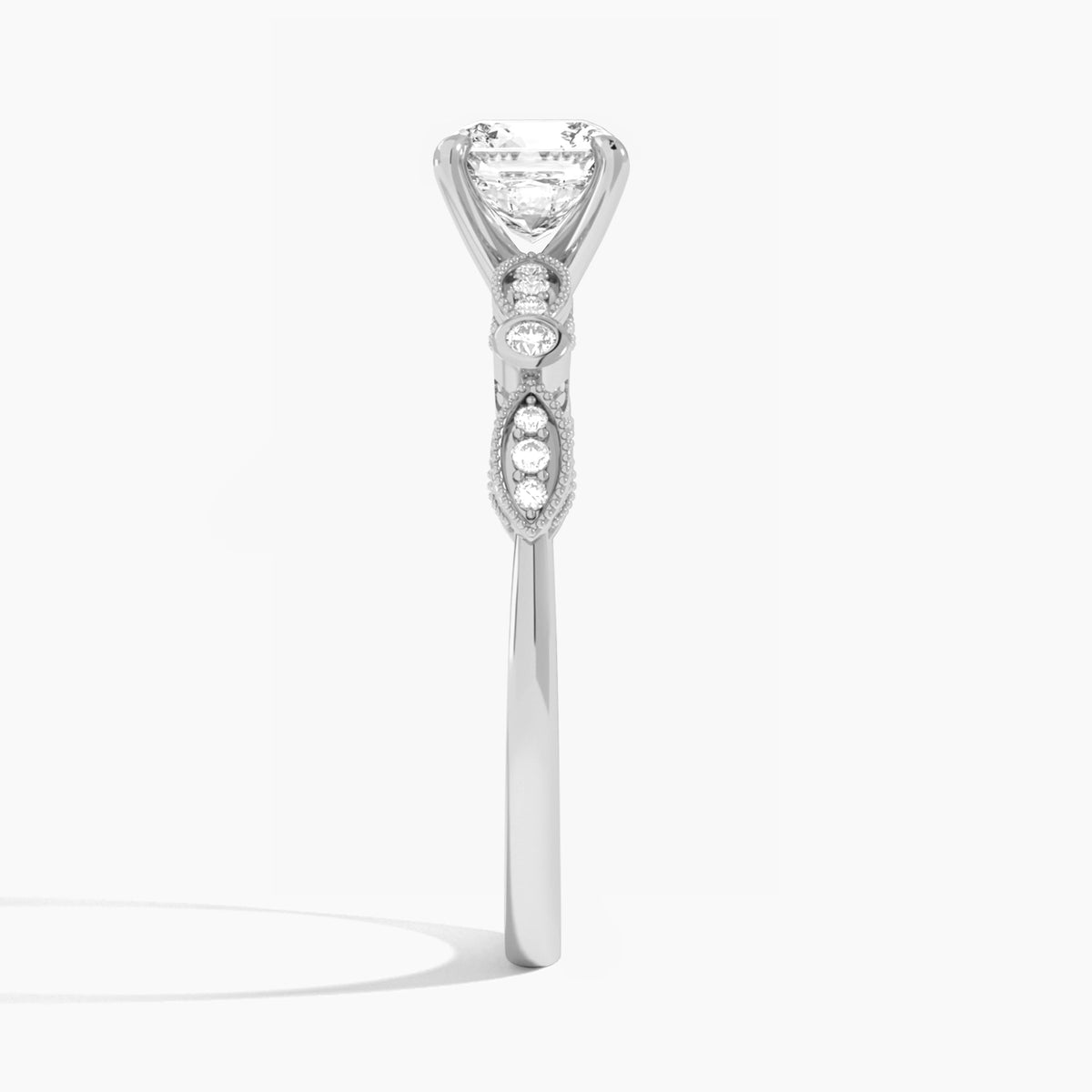Cushion Infinito Bezel And Pavé Set Engagement Ring In 18K White Gold, Side View