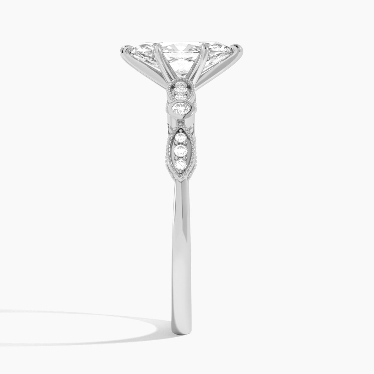Marquise Infinito Bezel And Pavé Set Engagement Ring In 18K White Gold, Side View