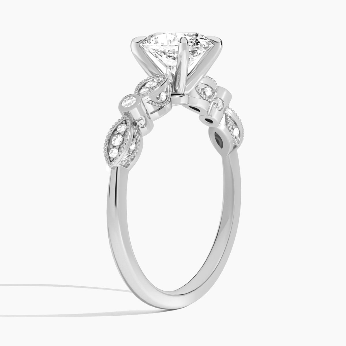 Oval Infinito Bezel And Pavé Set Engagement Ring In 18K White Gold, Angle View