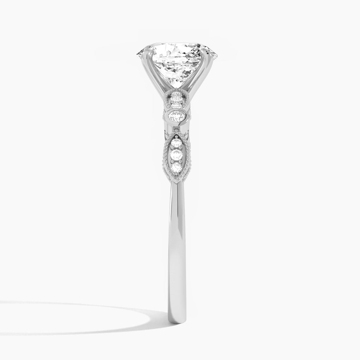 Oval Infinito Bezel And Pavé Set Engagement Ring In 18K White Gold, Side View