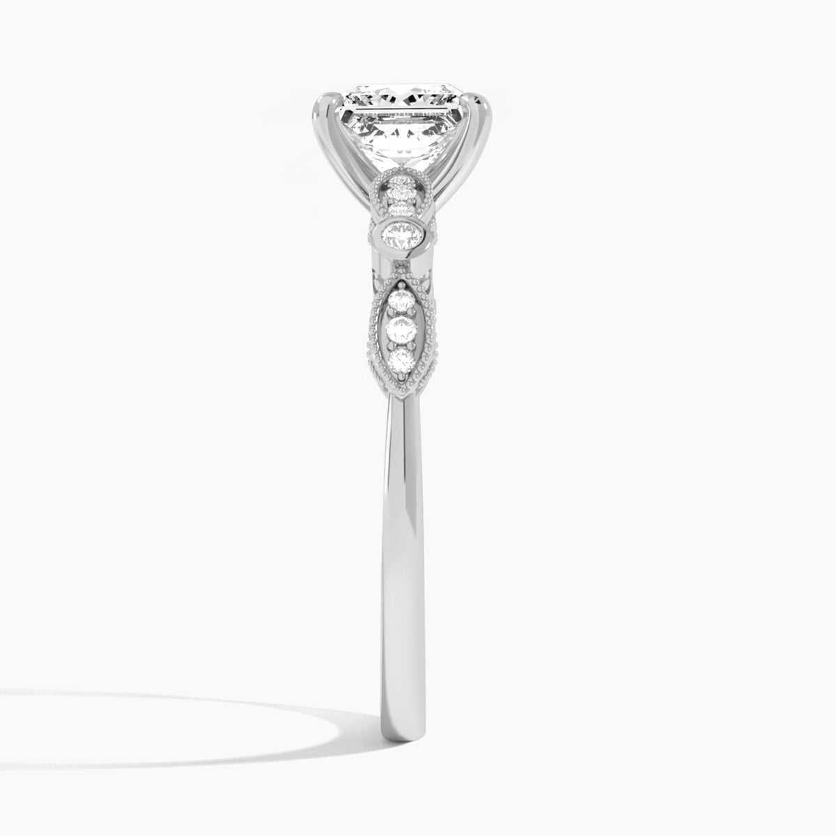 Princess Infinito Bezel And Pavé Set Engagement Ring In 18K White Gold, Side View