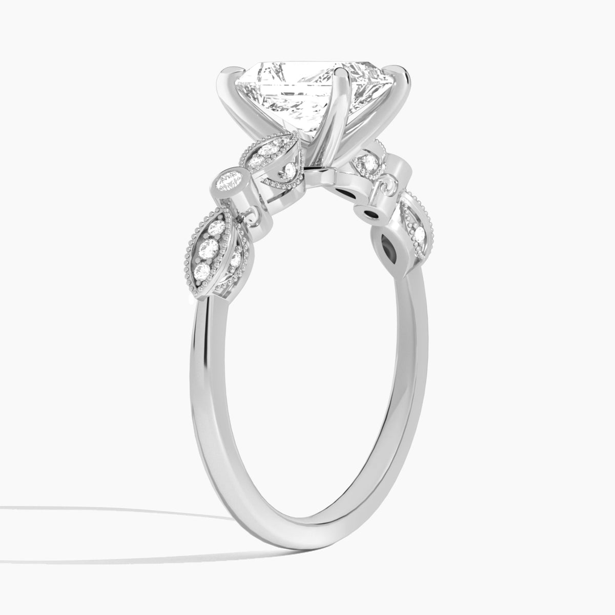 Radiant Infinito Bezel And Pavé Set Engagement Ring In 14K White Gold, Angle View