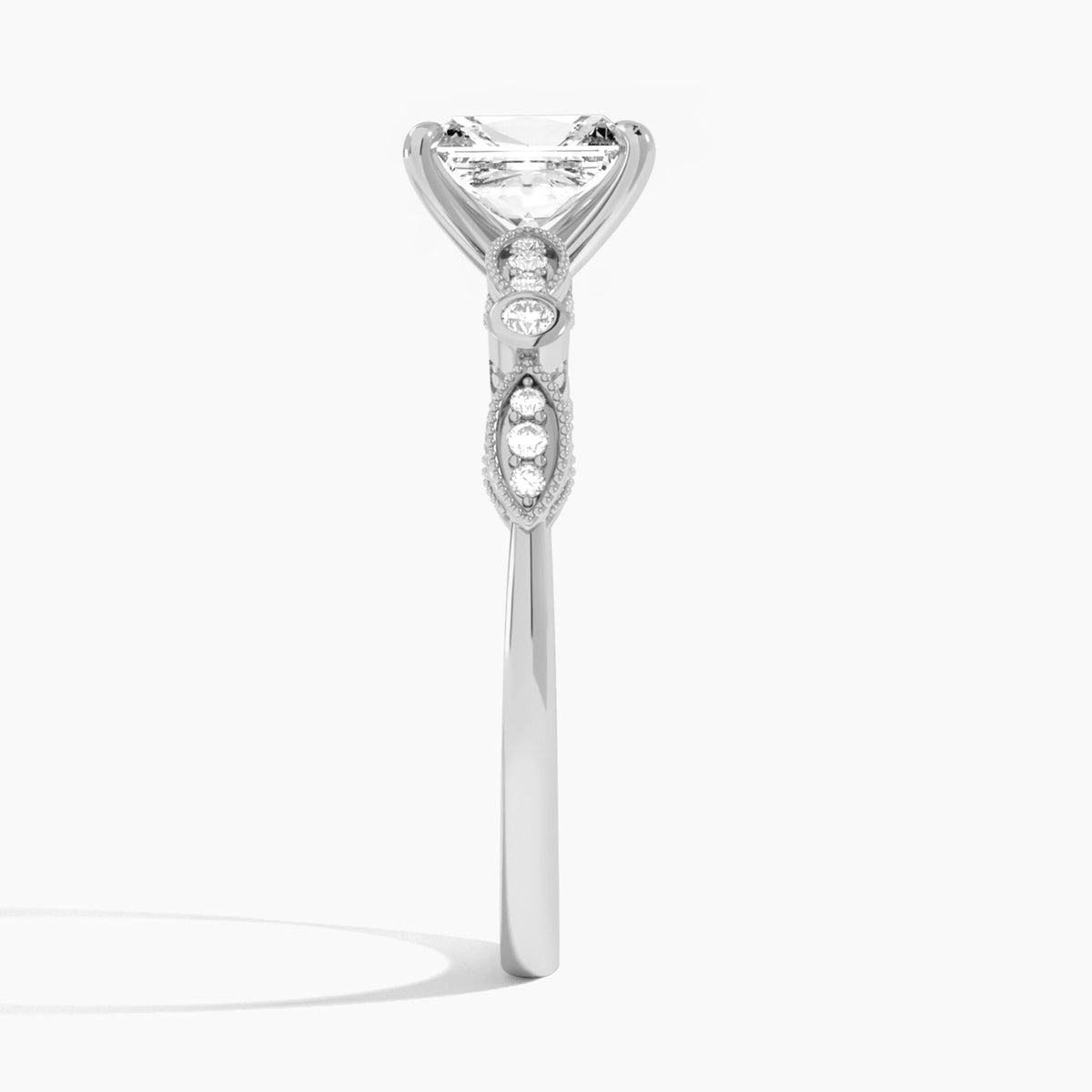 Radiant Infinito Bezel And Pavé Set Engagement Ring In 14K White Gold, Side View