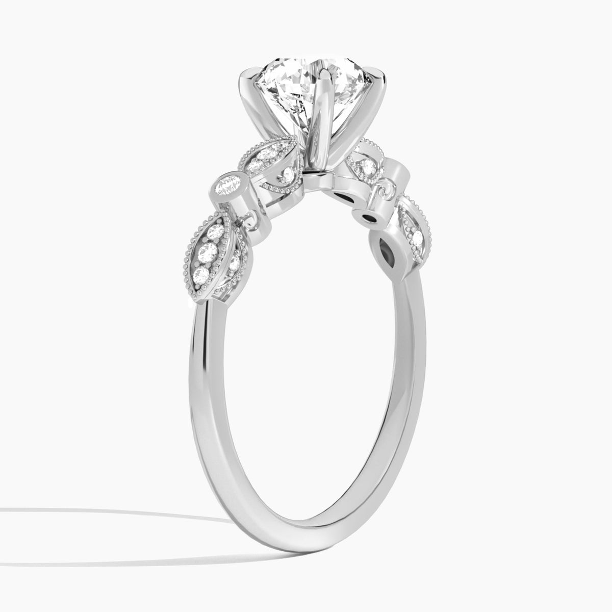 Round Infinito Bezel And Pavé Set Engagement Ring In 14K White Gold, Angle View