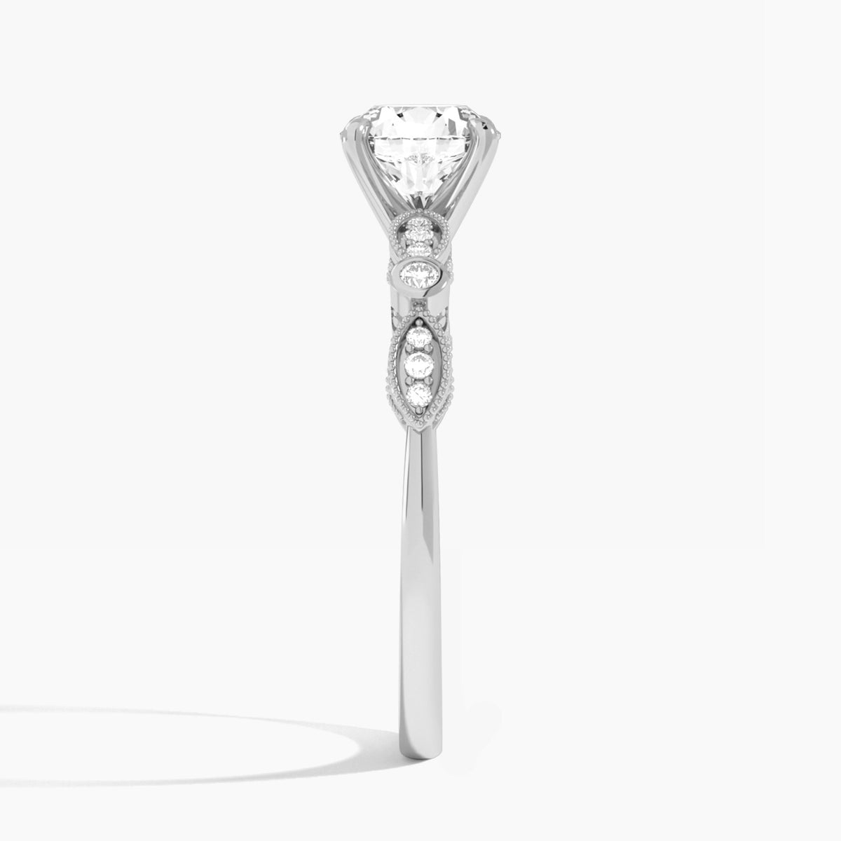 Round Infinito Bezel And Pavé Set Engagement Ring In 18K White Gold, Side View