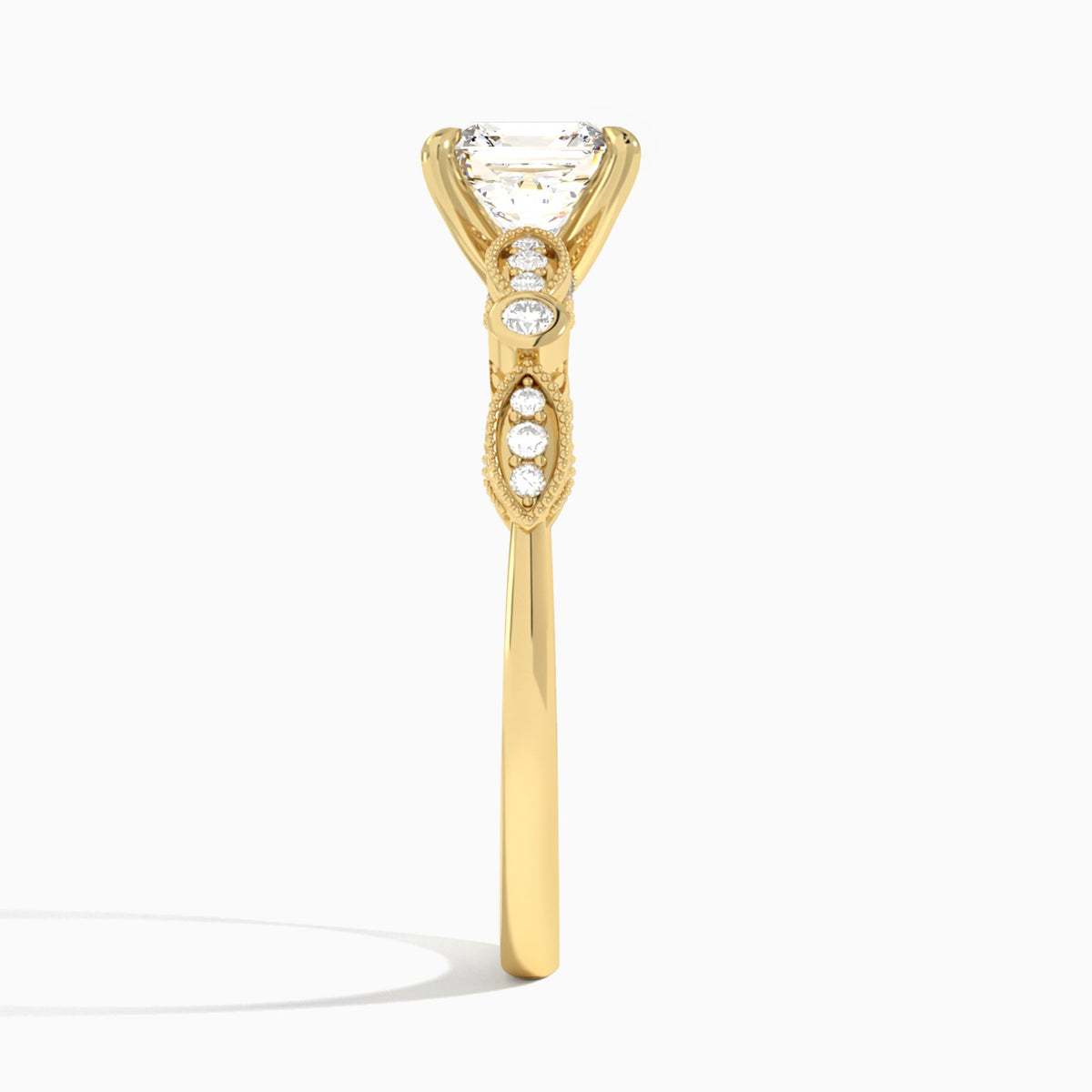 Asscher Infinito Bezel And Pavé Set Engagement Ring In 14K Yellow Gold, Side View