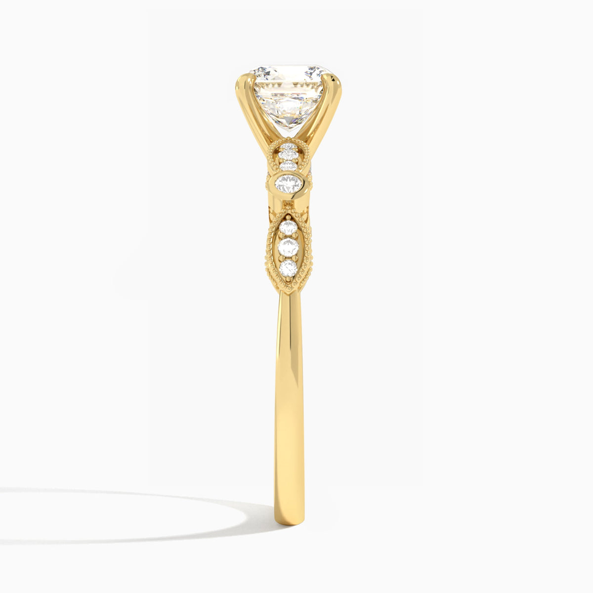 Cushion Infinito Bezel And Pavé Set Engagement Ring In 14K Yellow Gold, Side View