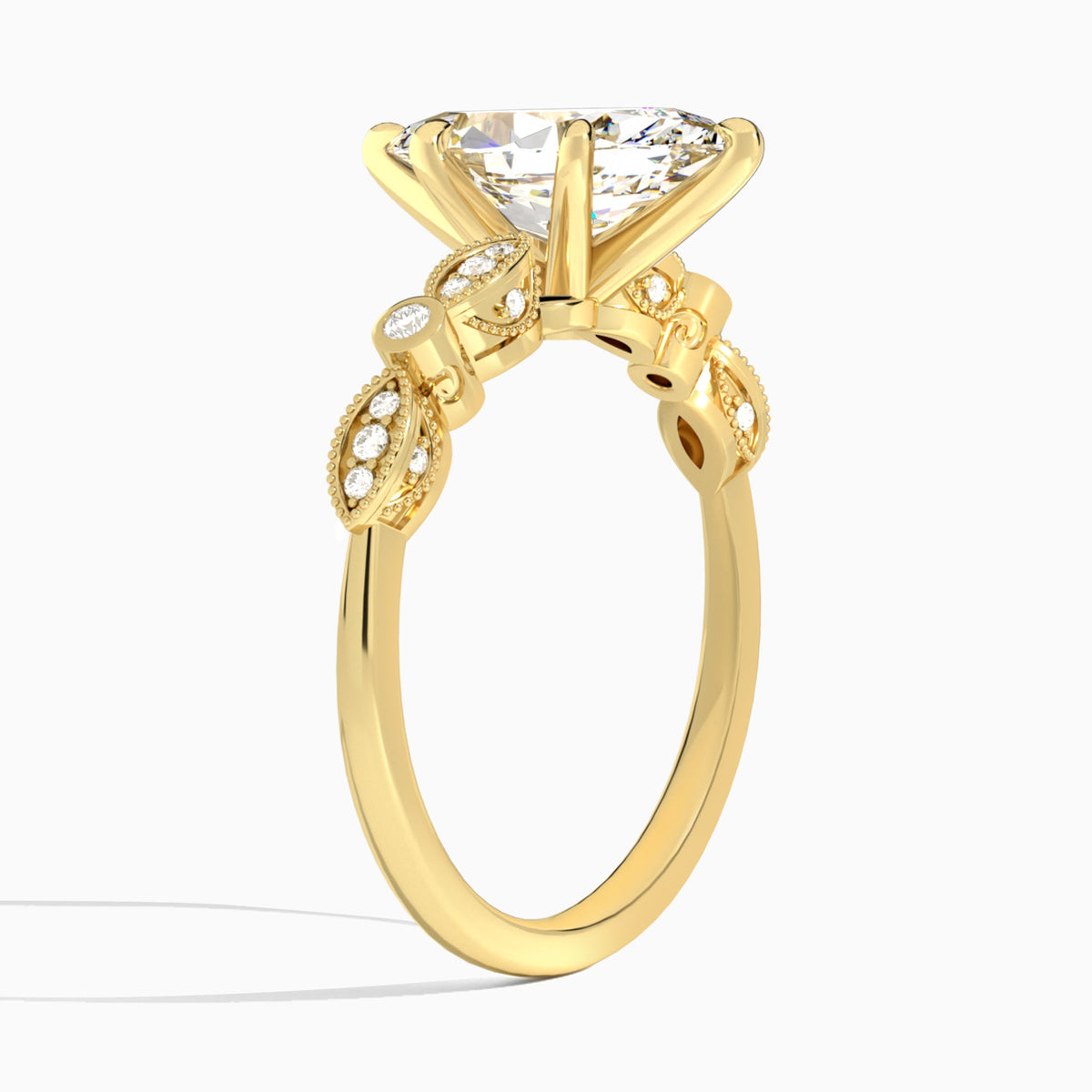 Marquise Infinito Bezel And Pavé Set Engagement Ring In 14K Yellow Gold, Angle View