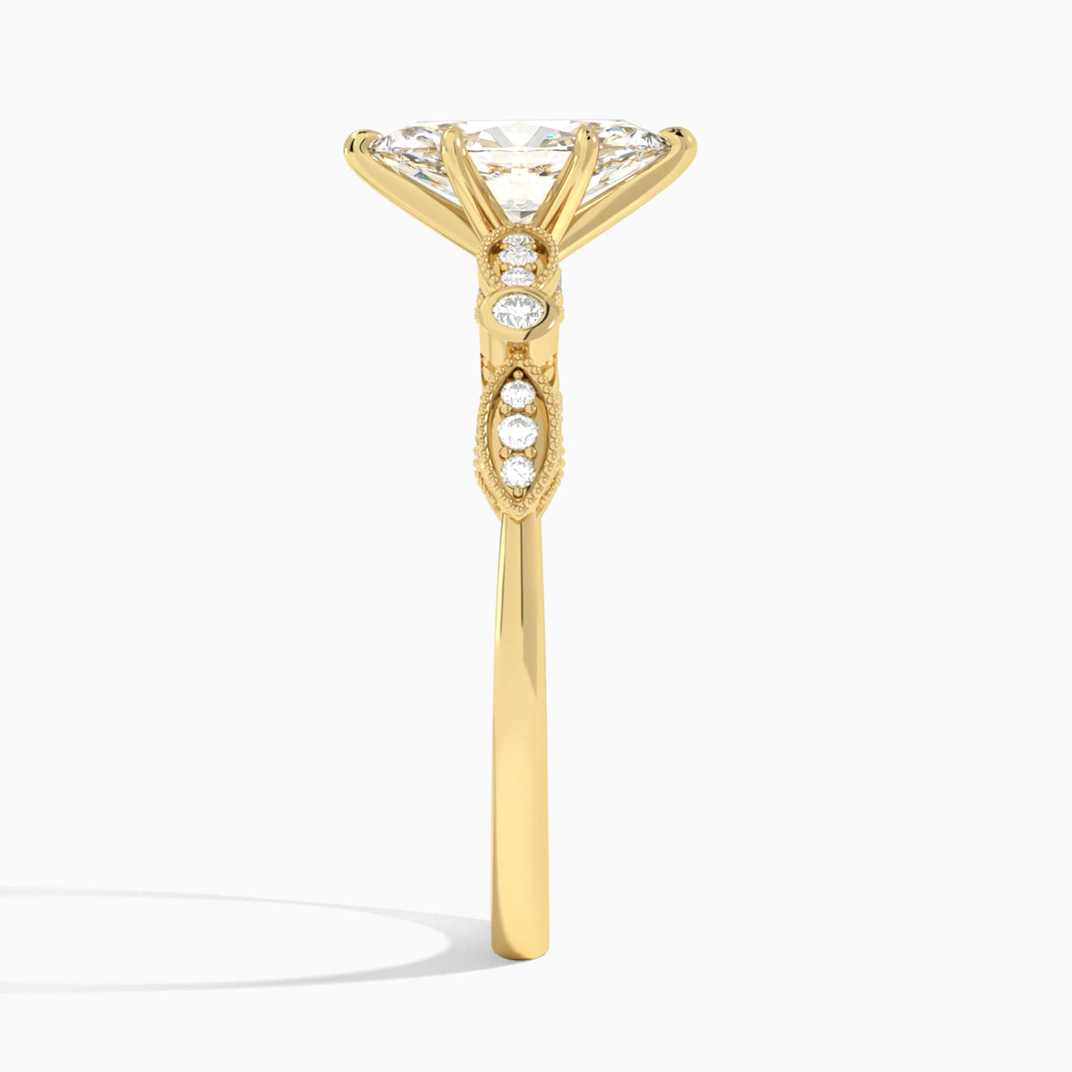 Marquise Infinito Bezel And Pavé Set Engagement Ring In 14K Yellow Gold, Side View