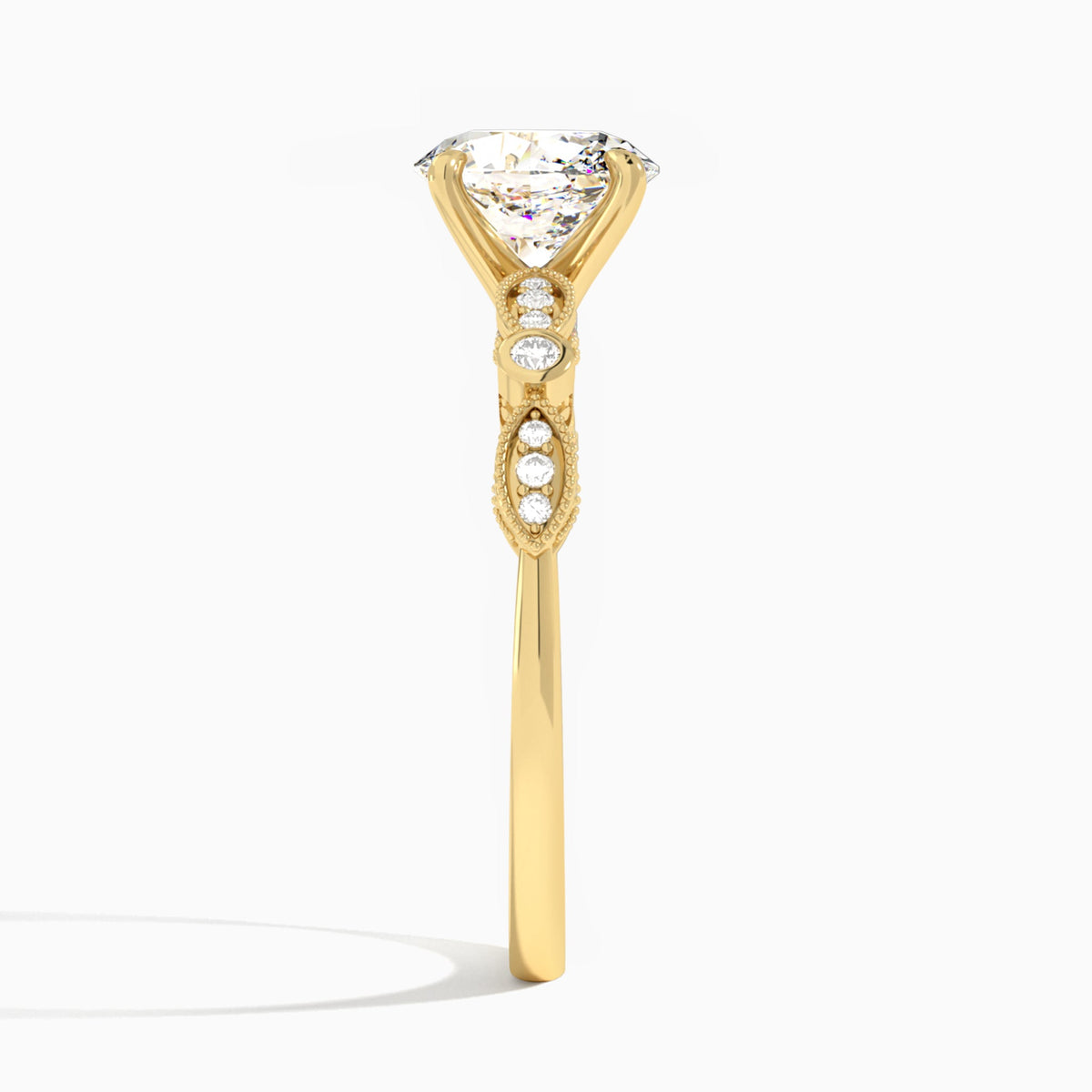Oval Infinito Bezel And Pavé Set Engagement Ring In 18K Yellow Gold, Side View
