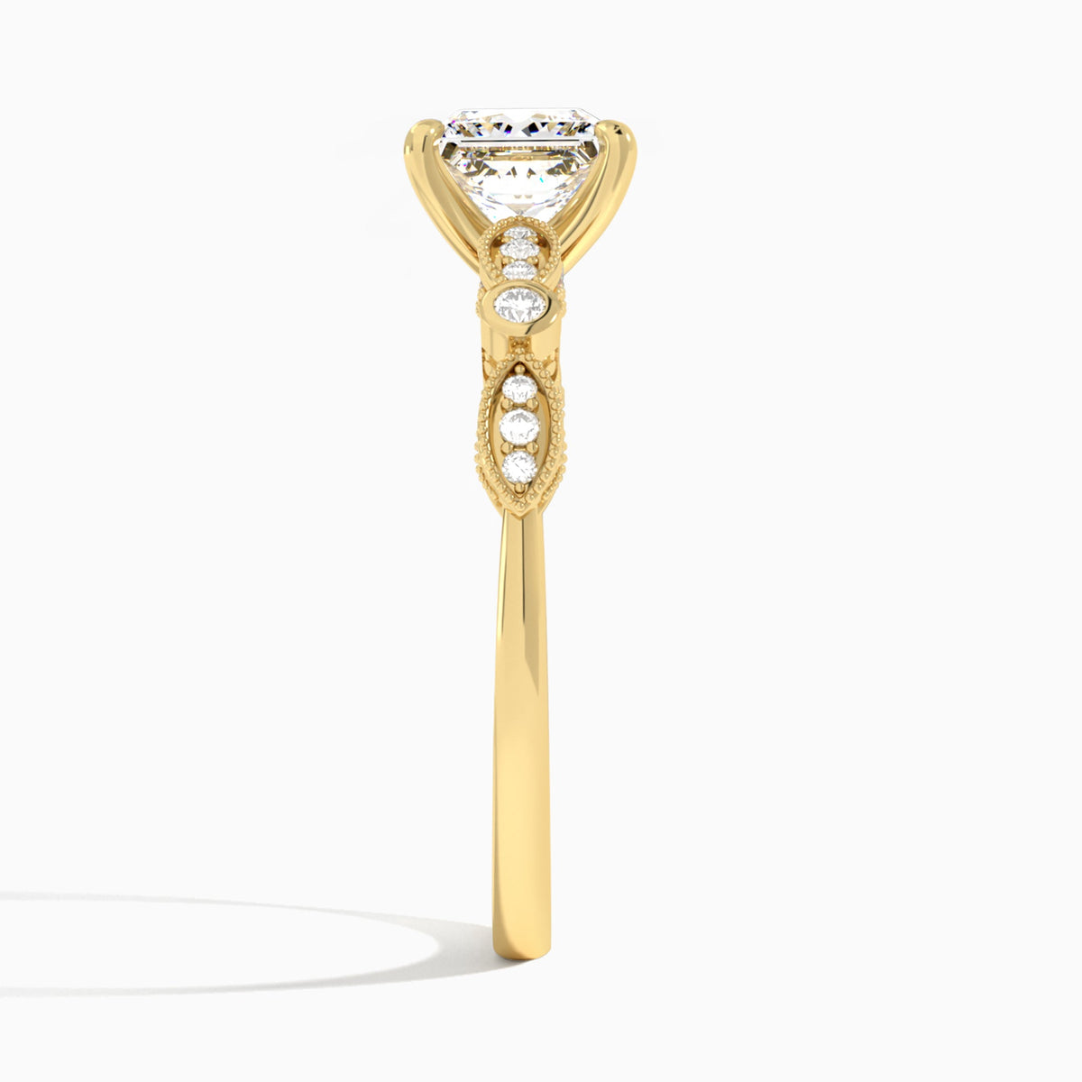 Princess Infinito Bezel And Pavé Set Engagement Ring In 18K Yellow Gold, Side View