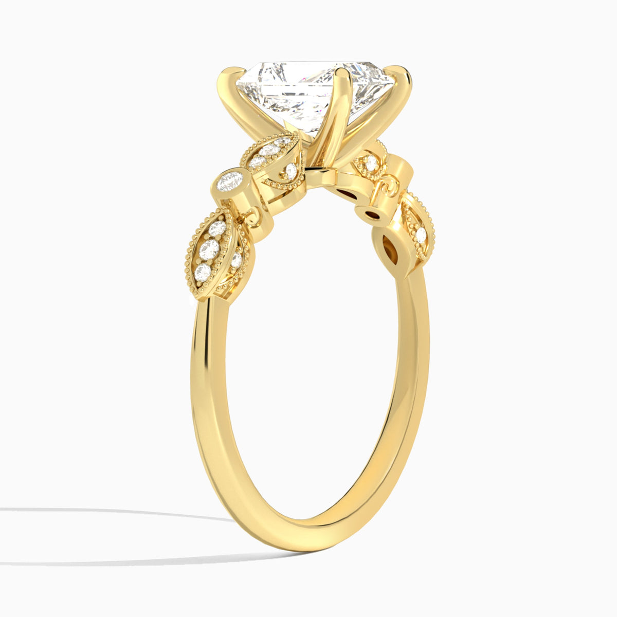 Radiant Infinito Bezel And Pavé Set Engagement Ring In 18K Yellow Gold, Angle View