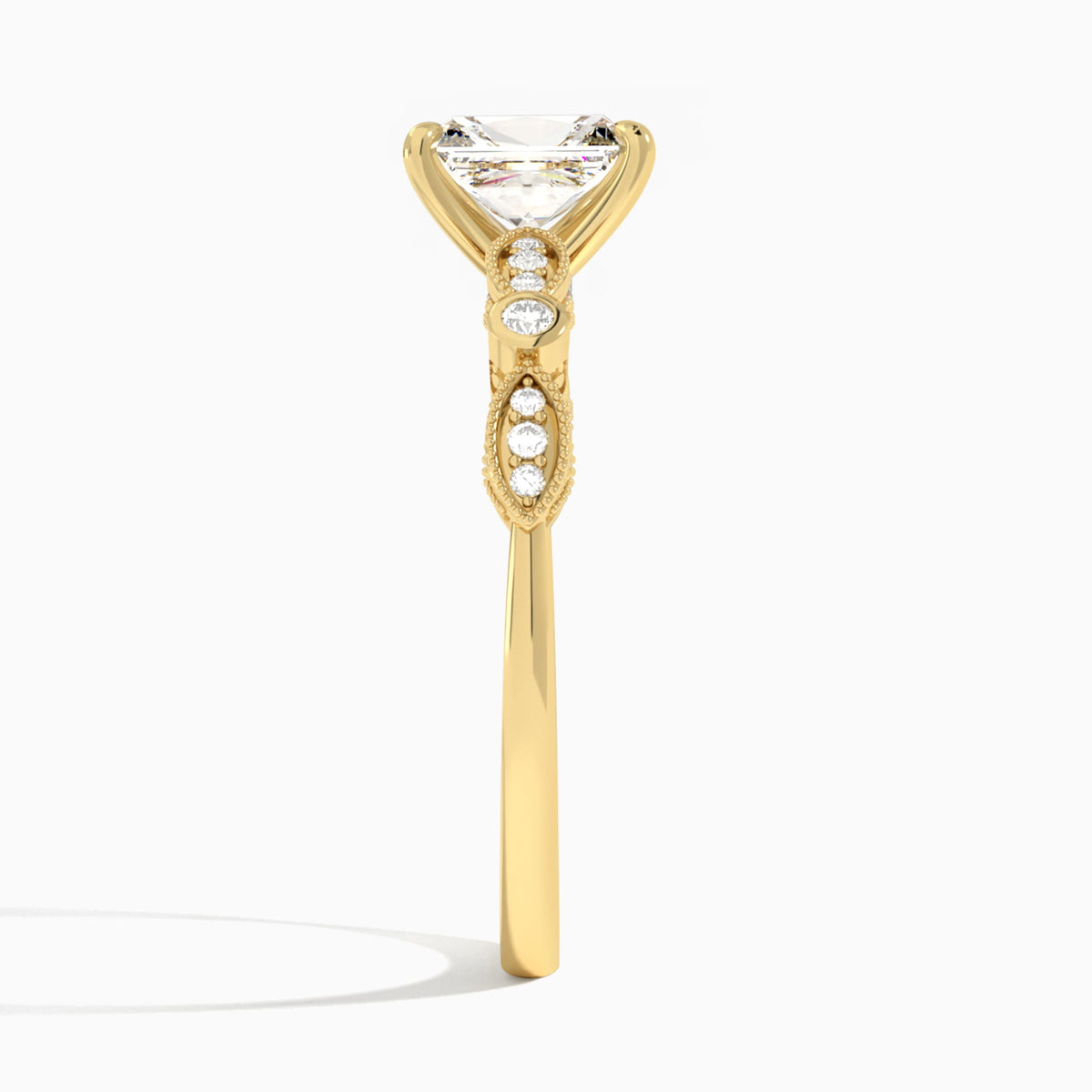 Radiant Infinito Bezel And Pavé Set Engagement Ring In 14K Yellow Gold, Side View