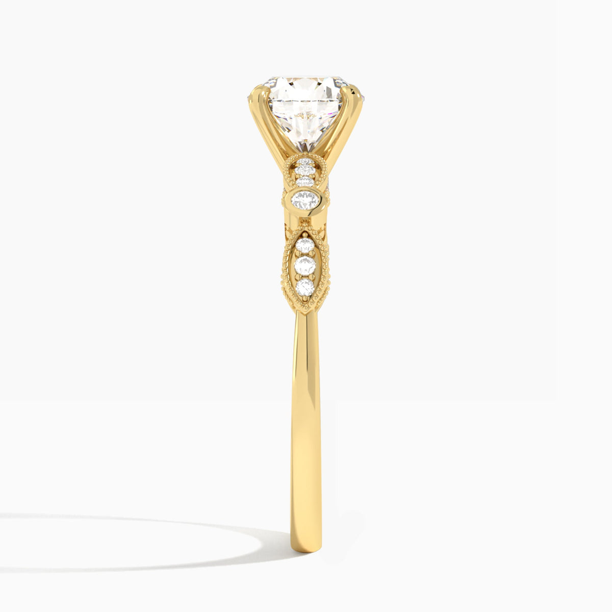 Round Infinito Bezel And Pavé Set Engagement Ring In 18K Yellow Gold, Side View