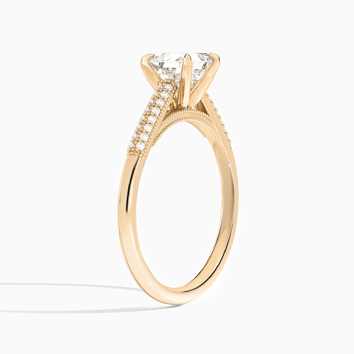 Asscher Knife Edge Cathedral Lab Diamond Engagement Ring In 14K Rose Gold, Angle View