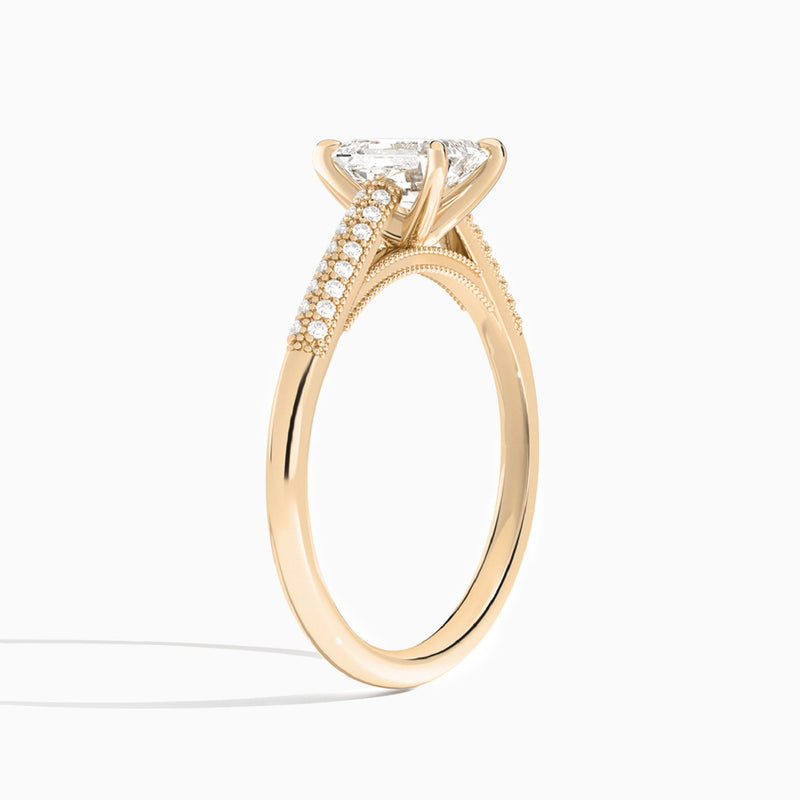 Emerald Knife Edge Cathedral Lab Diamond Engagement Ring In 14K Rose Gold, Angle View