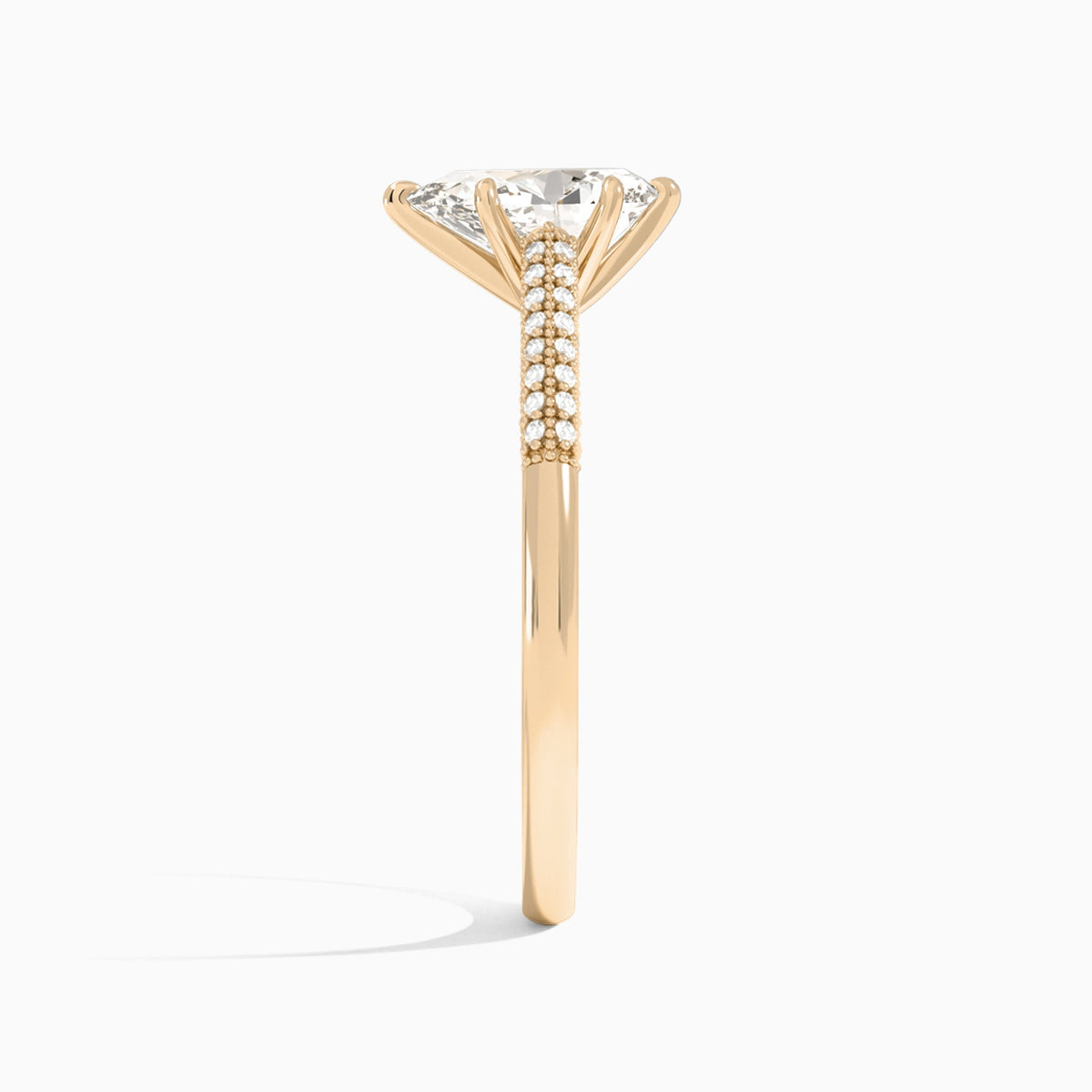Pear Knife Edge Cathedral Lab Diamond Engagement Ring In 14K Rose Gold, Side View