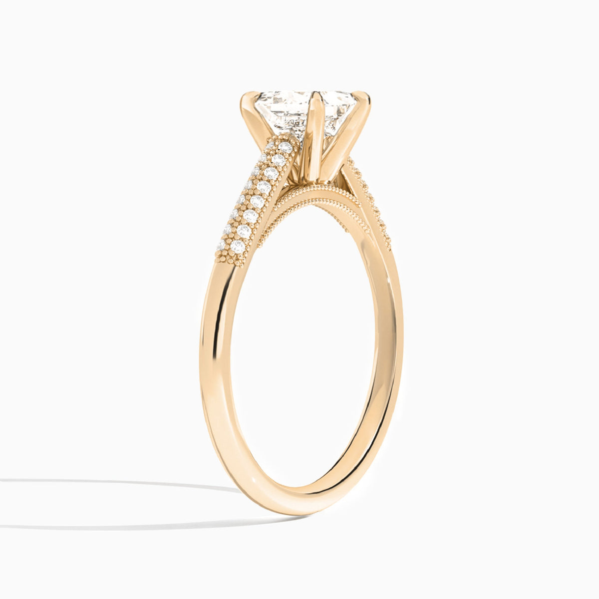 Princess Knife Edge Cathedral Lab Diamond Engagement Ring In 14K Rose Gold, Angle View