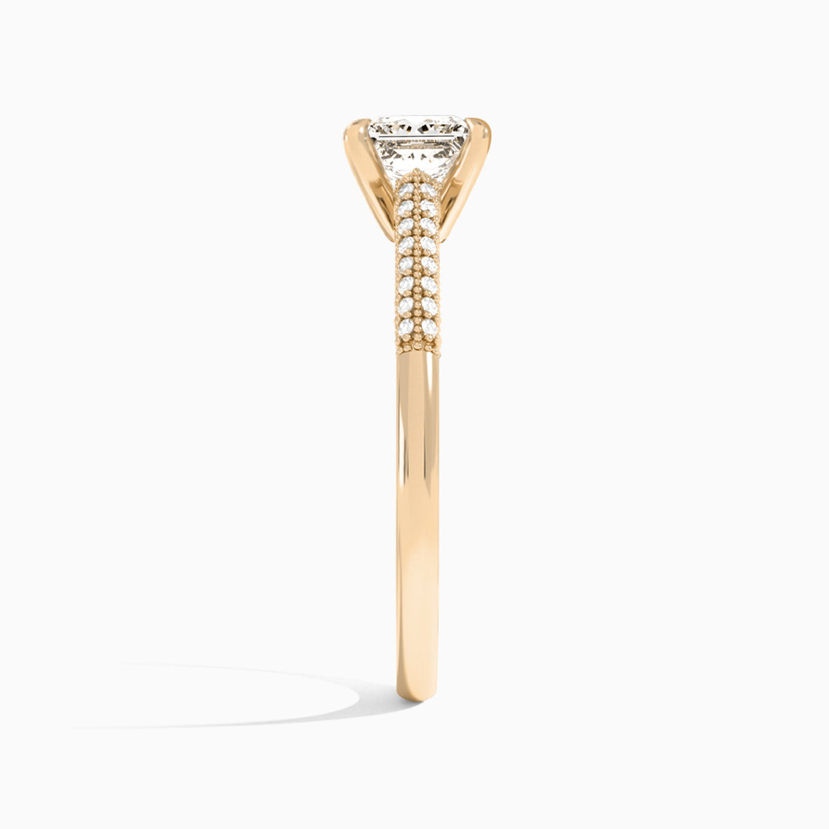 Princess Knife Edge Cathedral Lab Diamond Engagement Ring In 14K Rose Gold, Side View