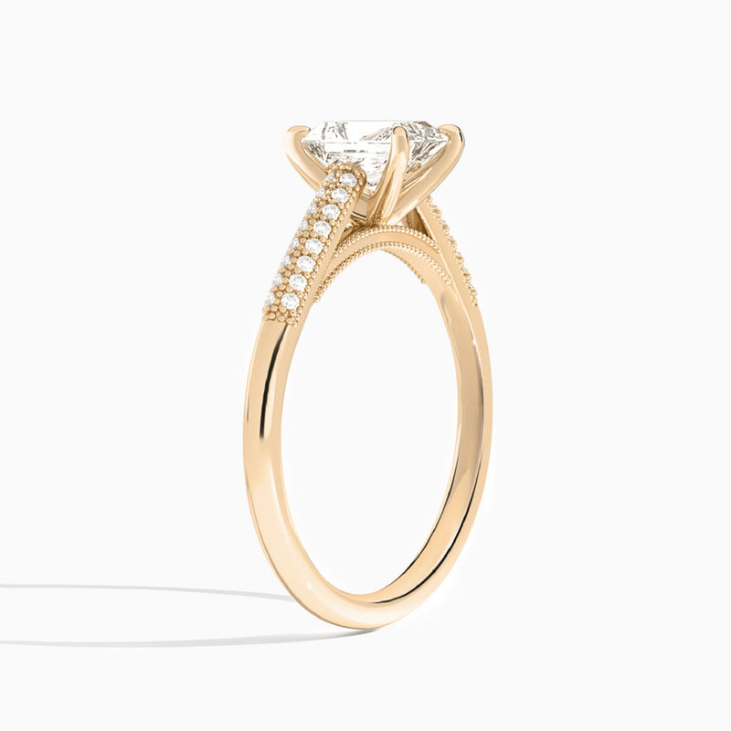 Radiant Knife Edge Cathedral Lab Diamond Engagement Ring In 14K Rose Gold, Angle View