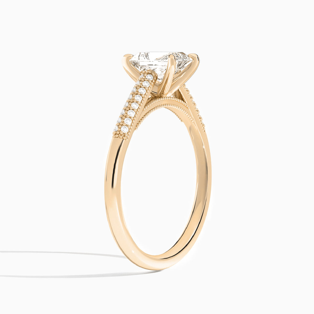 Radiant Knife Edge Cathedral Lab Diamond Engagement Ring In 14K Rose Gold, Angle View