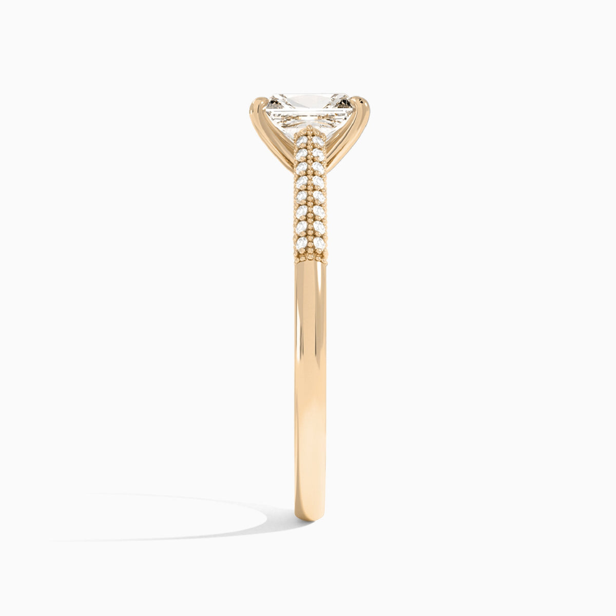 Radiant Knife Edge Cathedral Lab Diamond Engagement Ring In 14K Rose Gold, Side View
