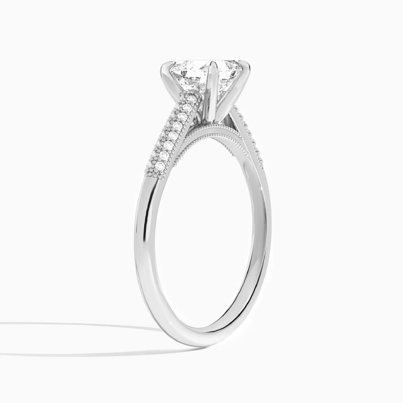 Asscher Knife Edge Cathedral Lab Diamond Engagement Ring In 18K White Gold, Angle View